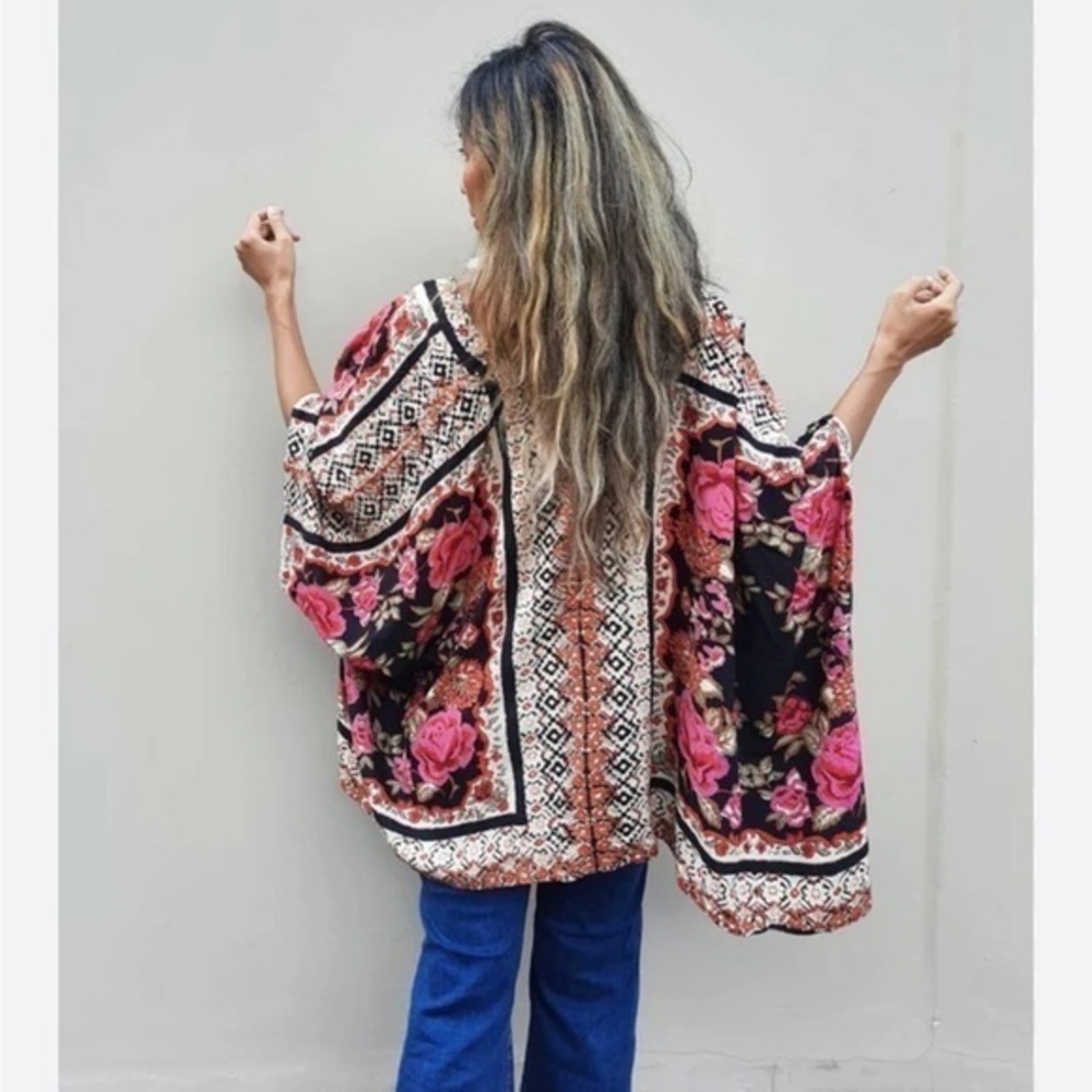 Angie Bohemian Boho Floral Kimono Top Tunic Cardigan Black Pink Red Small